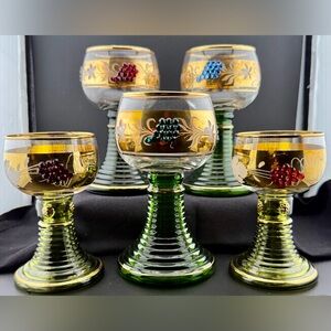 5 vintage Roemer Embellished Wine Glasses (3) 8oz (2, souvenir) 4oz Germany